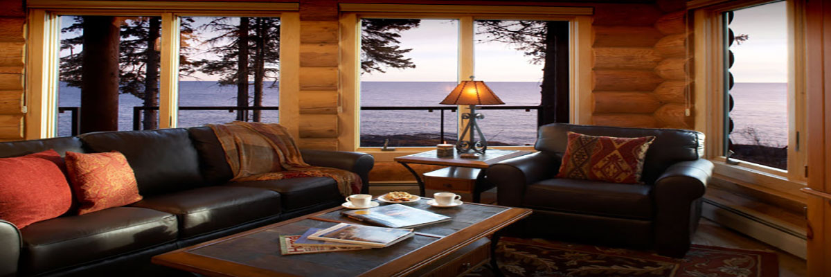 Lodge interior with a sofa